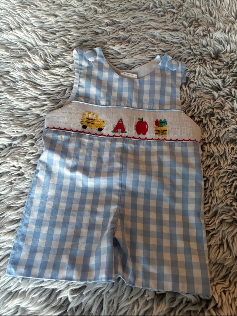 Blue Gingham Smocked Kids Shortall with School Motifs